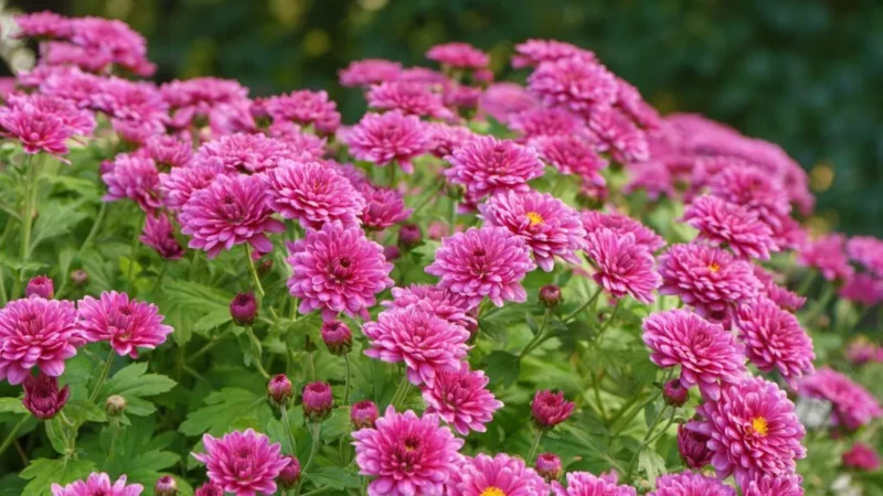 En gruppe af lyserøde krysantemum blomstrer midt i det grønne løv, og nogle knopper har endnu ikke slået ud. Baggrunden er blødt sløret, hvilket fremhæver blomsterne i forgrunden.