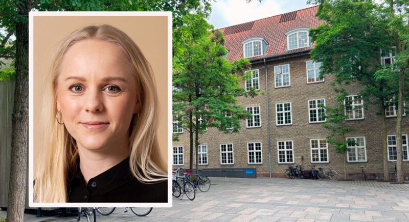 Portræt af Signe Munk indsat foran Transportministeriets bygning.