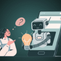 En kvinde med et spørgende udtryk sidder ved siden af en stor smartphone-skærm, der viser en robot med en glødende pære, som symboliserer deling af ideer eller viden gennem teknologi.