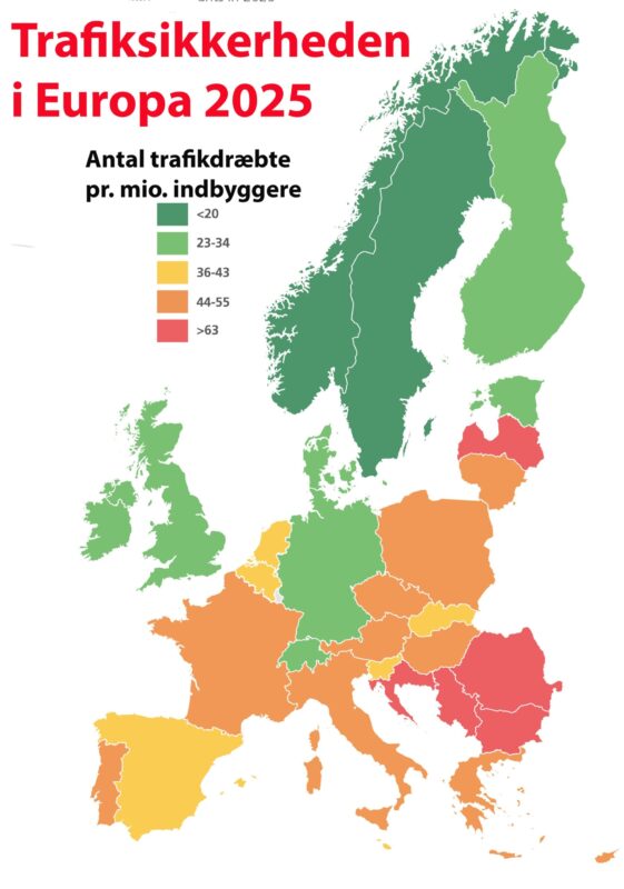 Kort der med farver viser trafiksikkerheden i europæiske lande.
