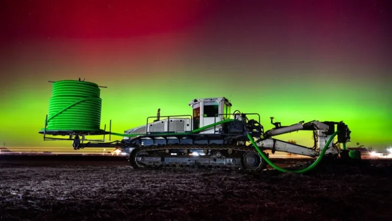 En stor landbrugsmaskine med en grøn slange står på en mark om natten, mens himlen i baggrunden oplyses af levende grønne og røde nordlys.