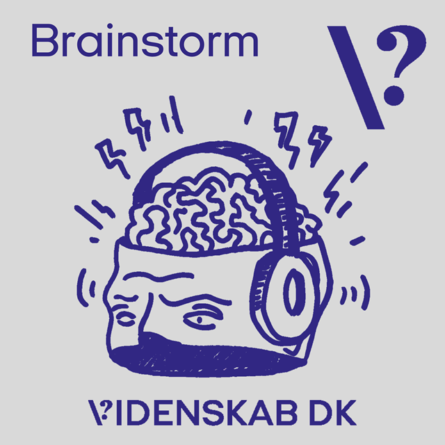 Illustration af en hjerne med hovedtelefoner på inde i et åbent hoved, med ordene »Brainstorm« og »Videnskab DK« ovenfor og nedenfor i blå tekst, sammen med stiliserede spørgsmålstegn og udråbstegn.