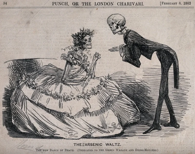 Et skelet i en kjole valser med et skelet i et jakkesæt. Billedteksten lyder: »THE ARSENIC WALTZ«. Den nye dødsdans. Illustrationen stammer fra et nummer af Punch, eller London Charivari, fra 1862.
