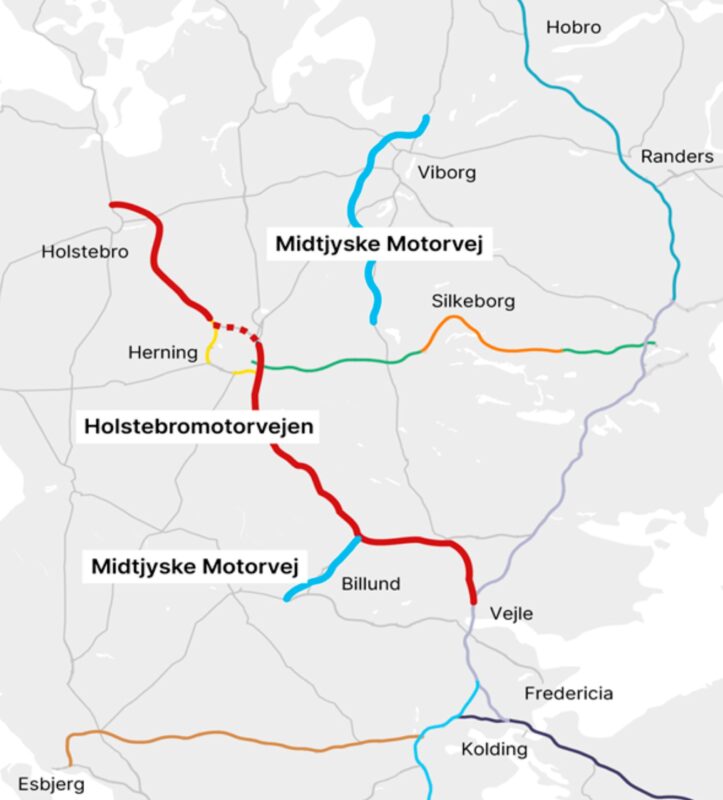Kort over jyske motorveje.