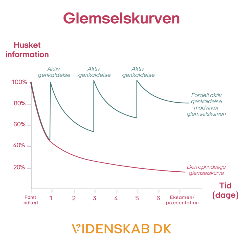 En graf med titlen »Glemselskurven« viser, at hukommelsesfastholdelsen falder i løbet af dagene, med toppe ved »Aktiv genkaldelse« og en lavere kurve for den naturlige glemsel. X-aksen angiver tid, og y-aksen angiver hukommelsesfastholdelse.