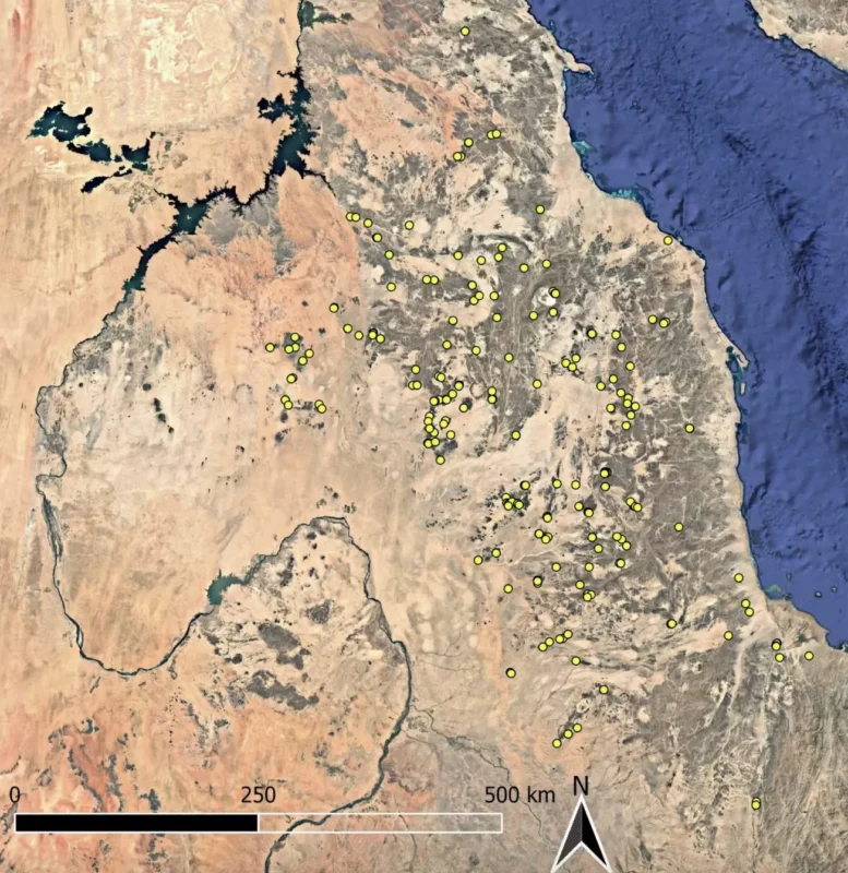 Satellitbillede afslører hundredvis af forhistoriske grave i Sudan med placering af gravlæggelser markeret med gule prikker