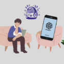 En person sidder på en lyserød stol og holder sit hoved i nød. Overfor står en anden lyserød stol med en stor telefon, der viser ChatGPT-logoet, og en potteplante i nærheden. Ovenover vises en illustration af en stresset hjerne.