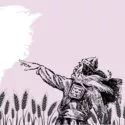 Illustration af viking, der kigger ud mod Grønland fra en dansk mark.