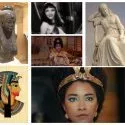 Collage, der viser Kleopatra som bl.a. en statue, som en sort kvinde i en halv-ny Netflix-serie og som en hvid kvinde med mørk, skarp frisure med pandehår
