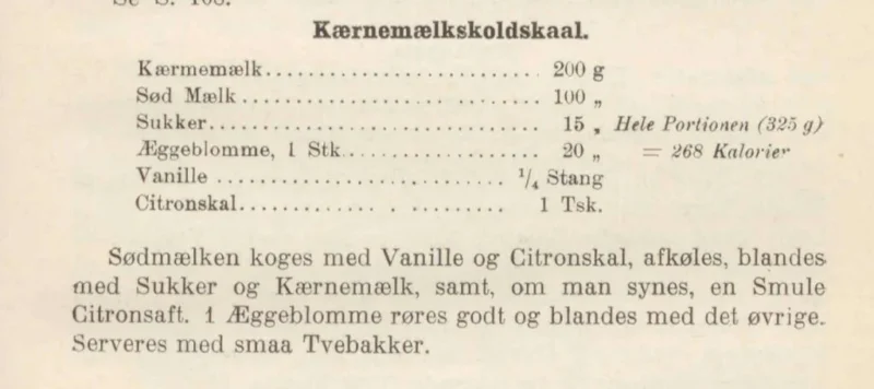 En dansk opskrift på kærnemælkskoldskål med ingredienser og fremgangsmåde, herunder angivelse af mængder for kærnemælk, mælk, sukker, æggeblomme, vanilje og citron samt tilberedningstrin på dansk.