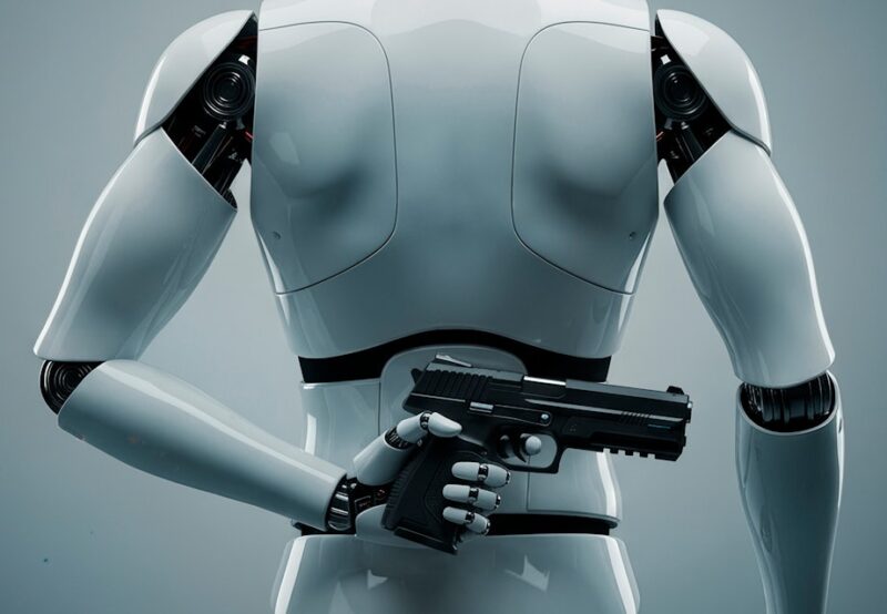 Robot holder pistol på ryggen.