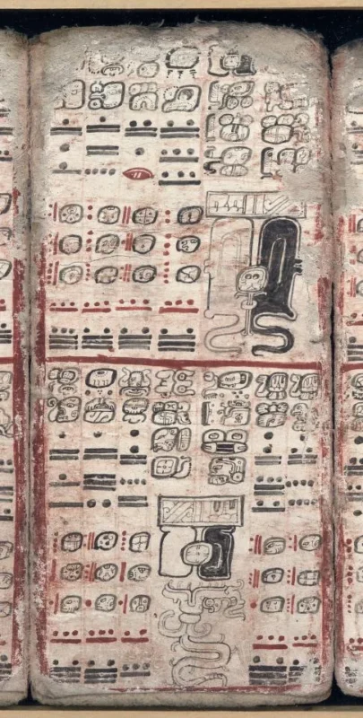 En side fra en gammel maya-kodeks fyldt med indviklede hieroglyffer, symboler og billeder, der er anbragt i lodrette kolonner i farverne sort, rød og beige på en forvitret papiroverflade.