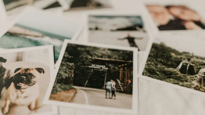 Der ligger flere udskrevne fotos spredt ud på en overflade, herunder billeder af en mops, mennesker, der omfavner hinanden ved indgangen til en park, en kyst og forskellige naturskønne landskaber.