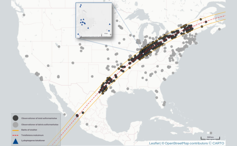 Kort, der viser de frivilliges placeringer i USA, med fokus på solformørkelsens bane i 2024, samt et detaljeret indsat kort over optagernes. Farvekodede prikker og trekanter markerer observationerne.
