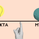Illustration af en hånd, der balancerer en line på sin pegefinger med ordet fakta til venstre under en lyspære og ordet myte til højre under en grøn kugle