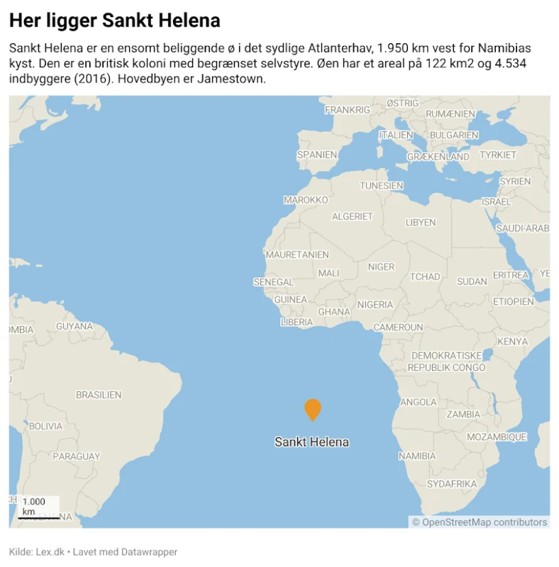 Kort, der viser beliggenheden af Sankt Helena, en lille ø i det sydlige Atlanterhav, vest for Namibia og sydvest for Angola. Øen er markeret med en orange prik og betegnet som Sankt Helena.