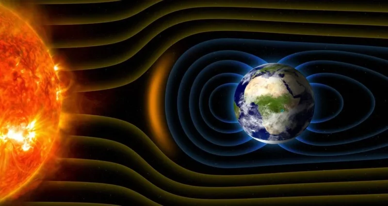 Solen udsender solvind mod Jorden, hvilket er vist med gule linjer. Jorden er omgivet af blå magnetfeltlinjer, der afbøjer solvinden, hvilket illustrerer den beskyttende virkning af Jordens magnetosfære.