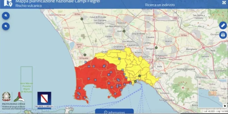 Her kan du se farezonen omkring Campi Flegrei i Napoli-området. Vesuv ligger til højre på kortet.